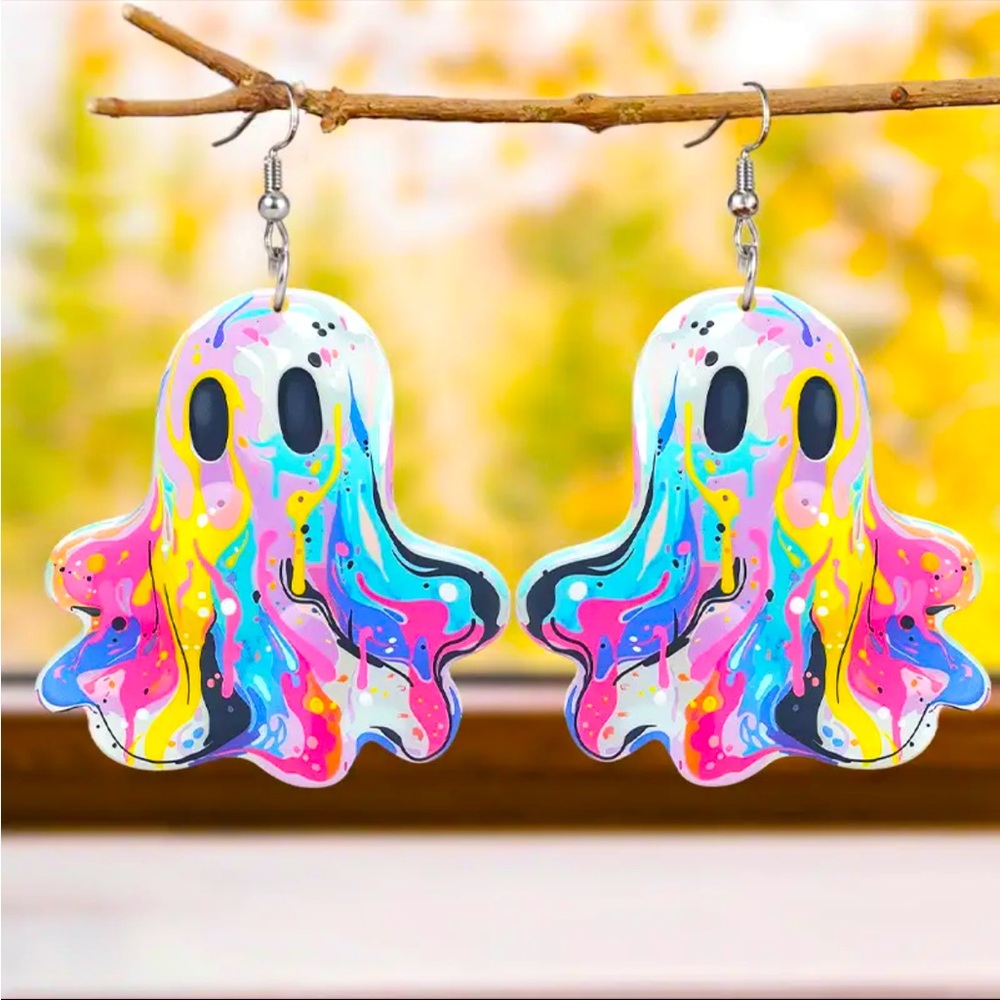 Pair of Acrylic Halloween Marbled Ghost Earrings Pink Purple Blue Yellow